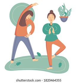 Vector flat illustration.  Two girls are doing yoga.  Girl performs aerobics exercises at home.  Girlfriends.  Women.  Yoga.  Illustration.