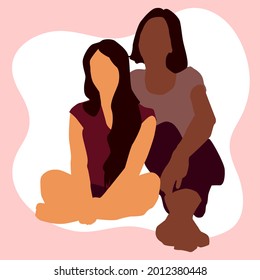 Vector flat illustration. Two girls, dark and light, are sitting next to each other in an embrace. The illustration is suitable for greeting cards, advertising, printing on clothes.