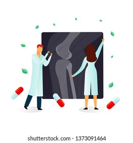 Vector flat illustration, two medical scientists and foot x-ray on a white background, medical research. Scientists and doctors examine, discuss diseases, medications, treatment