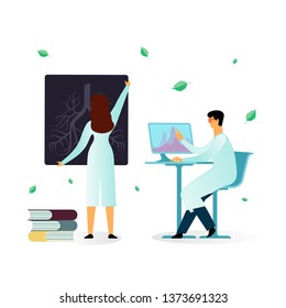 Vector flat illustration, two medical scientists and lung x-ray and computer charts on a white background, medical research. Scientists and doctors examine, discuss diseases, medications, treatment
