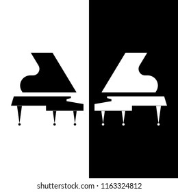 Vector flat illustration of two musical instruments. Silhouettes of white and black Grand piano. Black and white composition. Ideal for catalogs, information, piano lessons, concerts or music store.