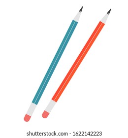 Vector flat illustration. Two pencils of different colors with a dark core. A simple pencil for sketches and drawings. Bright contrast color. Concept: stationery, office supplies, artist’s tool.