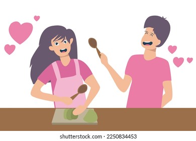 vector flat illustration two people couple celebrating valentine day love by preparing food together to celebrate valentines. with illustrations and love