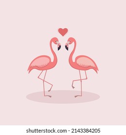 vector flat illustration two pink flamingos in love. pink flamingo couple in love with a heart in the middle. card for valentine's day, wedding. love concept