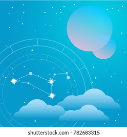 Vector flat Illustration of Two planets on a blue colors gradient backgroud with constellation of stars, clouds, natal chart and soft light. Used for logo, icon or templates for web