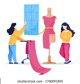 Vector flat illustration of two seamstress working in atelier sewing stylish dress. Creative designers look at model of future dress on mannequin. Sewing workshop. Cartoon characters isolated at white