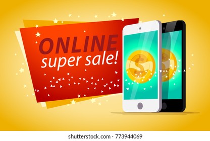 Vector flat illustration with two smartphones and golden coin on its screen standing isolated on yellow background. Electronic gadget. Gold coin icon with dollar symbol.