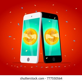 Vector flat illustration with two smartphones and golden coin on its screen isolated on red background. Electronic gadget. Gold coin icon with dollar symbol.