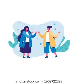 Vector flat illustration two woman friend enjoying conversation isolated on white background. Cartoon casual girl having dialogue people talking outdoor