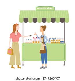 Vector Flat Illustration Of Two Woman In A Cosmetic Shop. Buyer And Seller. Cosmetic Showcase. Customer Service. Street Market Concept. Try New Production. Outdoor Parfume Kiosk. Stall Makeup Outside.