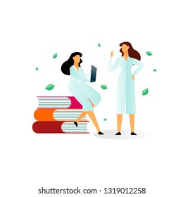 Vector flat illustration, two women medical scientists and a bottle of medication on a white background, medical research. Scientists and doctors examine, discuss diseases, medications, treatment
