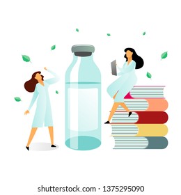 Vector flat illustration, two women medical scientists and a bottle of medication on a white background, medical research. Scientists and doctors examine, discuss diseases, medications, treatment