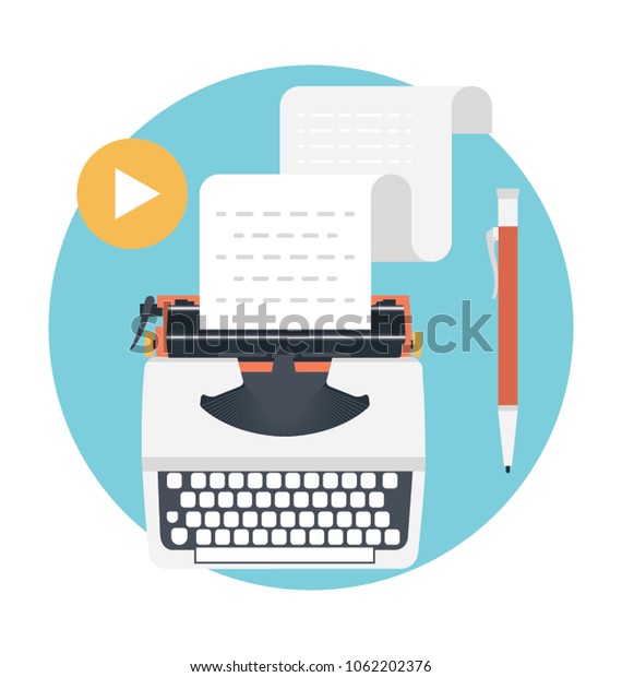 \
Vector flat illustration of typewriter with\
documents \
