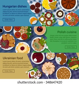 Vector flat illustration of ukrainian, hungarian, polish national dishes. Gulasch (goulash), flaki, bagel, kielbasa, bigos, eggs, bread and sausage, borscht