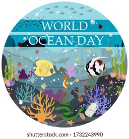 Vector flat illustration of the underwater world. Postcard-poster for the world ocean day on June 8. Protection of nature, underwater world and marine animals. Tropical underwater flora and fauna. A