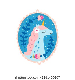 Vector flat illustration of unicorn in frame isolated on white. Portrait of fairytale animal with ornamental elements.