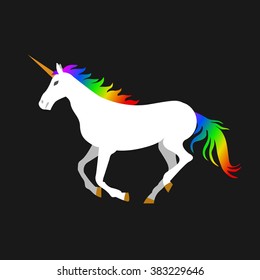 Vector flat illustration of unicorn on black background. Element for design.