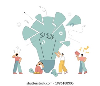 Vector flat illustration. Unsuccessful project. People look in despair at a broken light bulb, idea, project.