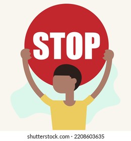 Vector flat illustration of upper body black afro American African men hands holding red round sign banner with message STOP for Stop doing smoking, stop child abuse, stop traffic sign, racist