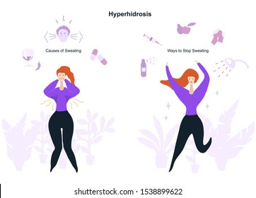 Vector flat illustration of upset woman standing with sweat stains on armpits and a joyful woman after caring a problem. Illustration of a causes of sweating and ways to stop of sweating