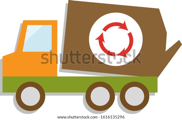 Vector flat illustration\
urban garbage truck with recycle symbol, garbage collection, green\
car. EPS 10