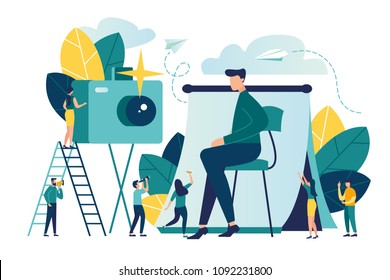 vector flat illustration, urgent photo for documents in the studio, a mirror lens with a flash, professional photo shooting vector