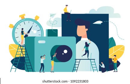 vector flat illustration, urgent photo for documents in the studio, a mirror lens with a flash, professional photo shooting