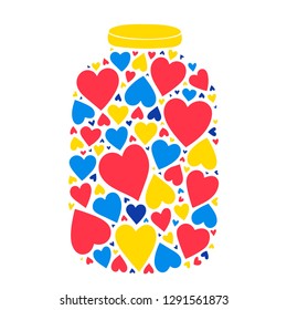 Vector flat illustration for Valentines Day. Jar with hearts. Bank full of love. Isolated.