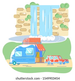 Vector flat illustration with van for traveling rides on road, in background shows waterfall. Concept of van life. Cards, invitations, posters, web design, advertising, printing, products can be used.