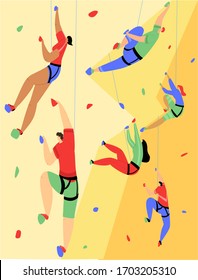 Vector flat illustration with various rock climbers climbing up wall. Concept of sports, active recreation, lifestyle, mountaineering, tourism. You can use it as clipart for web design, ads, etc.