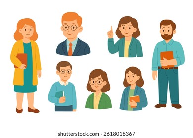 Vector flat illustration of various school teachers. Portraits and full body characters in cartoon style.