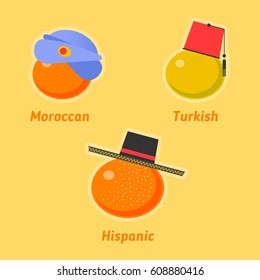 Vector flat illustration of various sorts of tangerines. Tropical healthy tasty citrus fruit icons. Sweet moroccan, turkish and hispanic mandarines symbols. Import and expotr food concept. 