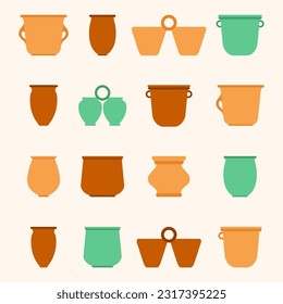 Vector flat illustration. Various vases and pots set. Pottery studio icon set. Products made on potters wheel. Ceramics and engobe. Natural clay products in a simple style