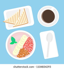 Vector flat illustration of vegan breakfast width strawberry/banana/almond/mint smoothie bowl, roasted toast and black coffee. EPS 10.