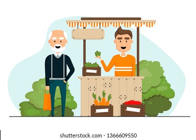 vector flat illustration. vegetable shop with carrots, tomatoes and apples. a cheerful old man came to buy fresh vegetables and fruits. boy seller sells harvest. healthy food