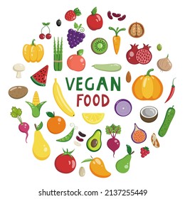 Vector flat illustration of vegetables and fruits on a white background. Vegan food. Avocado, bananas, pears, champignons, strawberries, asparagus, pumpkin, nuts and other organic food.
