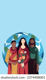 Vector flat illustration. Vertical banner place for text people against war. Peace to the world. People of different nationalities and cultures stand together against the backdrop of the planet. 