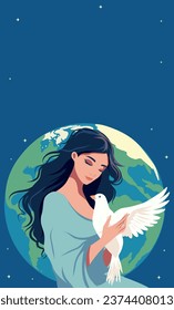 Vector flat illustration. Vertical banner poster place for text. International Day of Peace. World peace. A girl holds a dove in her arms against the backdrop of the globe. Hands and dove of peace