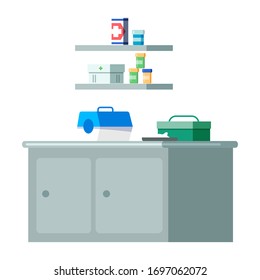Vector flat illustration of veterinarian clinic examining room. White medical table for checkup animal patients. Medical tools box, shelf with first aid kit and medicines in jars. Interior background