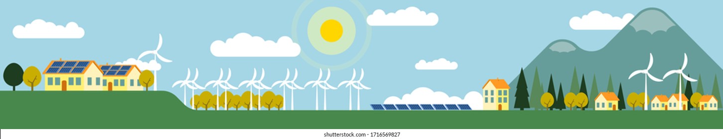 Vektorillustration-Flach-Illustration des Dorfes mit Sonnenenergie, Solarzellen und Windmühlen