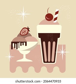 vector flat illustration in vintage retro style. a glass with coffee dessert and a bowl with ice cream balls.