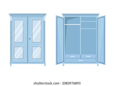 Vector flat illustration of vintage wardrobe closed and open.