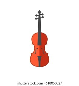 Vector flat illustration of violin on white background. Element for design for musical theme. Orange, brown, grey, black, white colors.