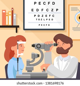 Vector Flat Illustration Visit to Ophtalmologist Against  Background Doctors Office. Girl Passes Annual Medical Examination. Ophthalmologist Checking  Eyesight by Special Device.