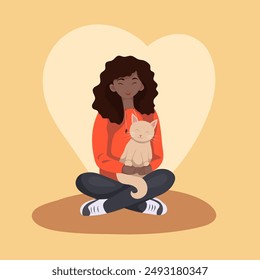 Vector flat illustration of volunteer african girl with a cat on heart shape. Adoption of homeless animals. Veterinary medicine and assistance. Cartoon image