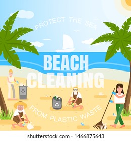 Vector flat illustration of volunteers of different age and race in protective gloves cleaning the beach from plastic waste with palms, trash can, clouds, sun, seagulls and white text in the center.
