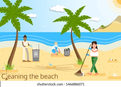 Vector flat illustration of volunteers of different age and race in yellow protective gloves cleaning the beach from plastic garbage with palms, trash can, clouds, sun, seagulls and mountains.