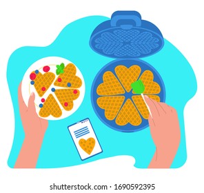 Vector flat illustration waffle iron, hands that prepare and hold plate of waffles and berries. There is also mobile phone with recipe. Concept kitchen appliances, recipes online, cooking, pastry.