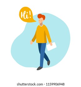 Vector flat illustration of walking boy with speech bubble in minimalist style. Man speaking Hi. Used for social networks, users app.