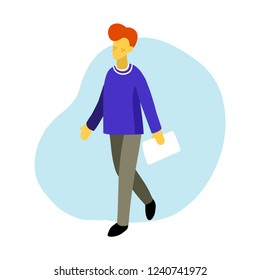 Vector flat illustration of walking boy with notebook in minimalist style. Used for social networks, users app.